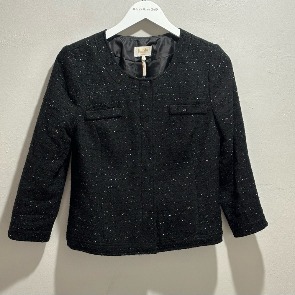 LAUNDRY SHELLI SEGAL Women’s Black Metallic Boxy Tweed 3/4 Sleeve Blazer Size 8